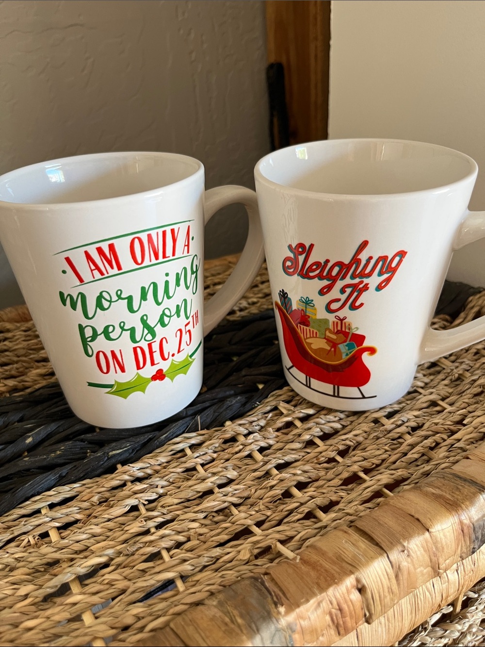 Holiday Ceramic Mug - White with Red I & Green Festive Designs